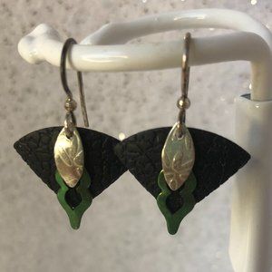 Metal Matte Black, Emerald Green, Silver Triangle Dangle Earrings